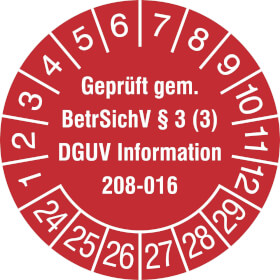 Prfplakette Geprft gem. BetrSichV 3 (3), DGUV Information 208 - 016
